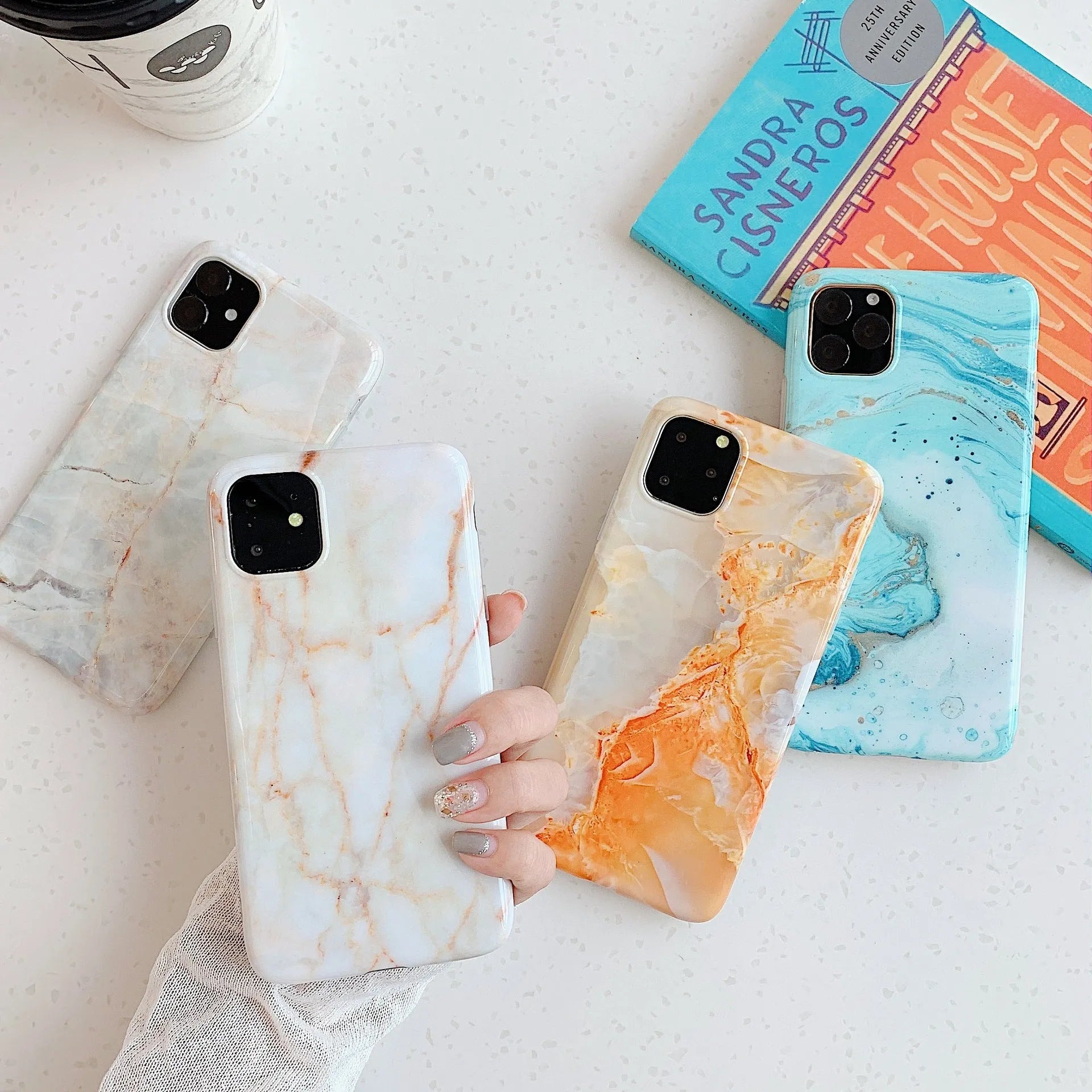Frosty marble silicone phone case back cover with geometric pattern, available in multiple colours for iPhone