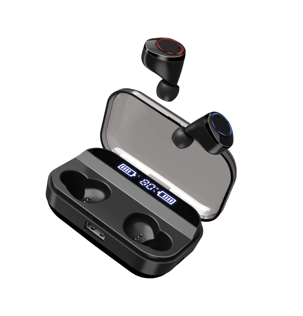 Black X11 wireless Bluetooth earbuds and their portable charging case on a white background.