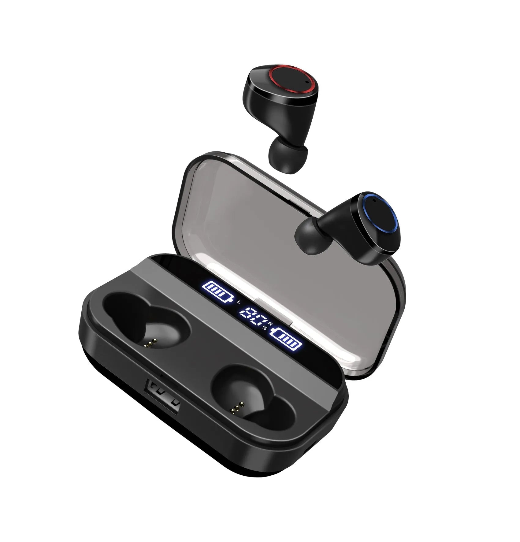 Black X11 wireless Bluetooth earbuds and their portable charging case on a white background.
