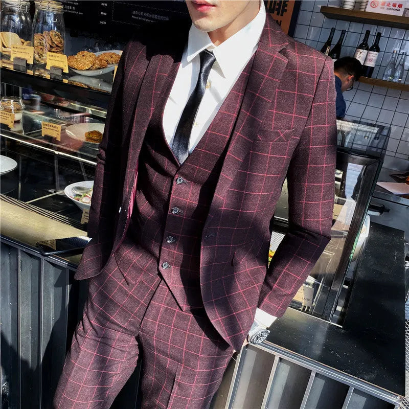 Plaid casual blazer three-piece set in red with matching vest and trousers