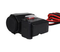 Black motorcycle USB waterproof charger with voltmeter and dual ports for handlebar or rearview mirror mounting