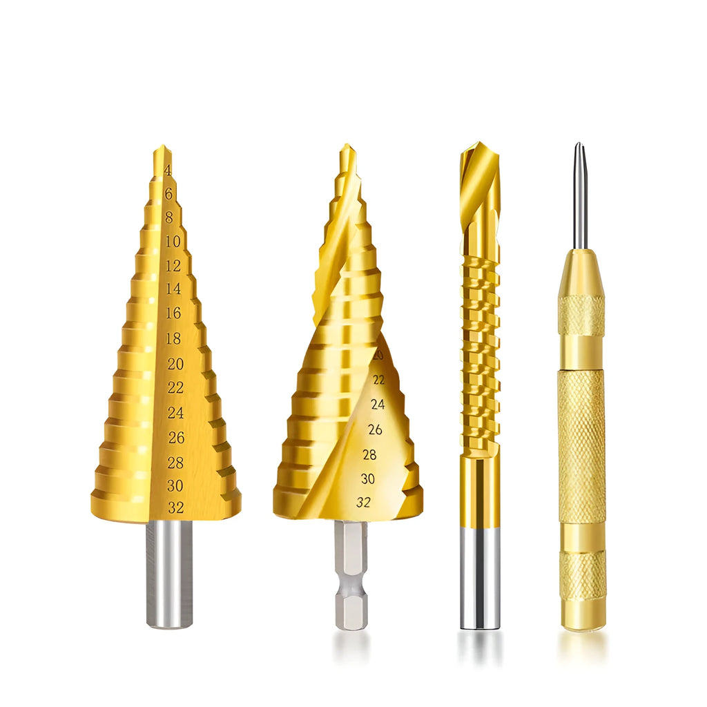 HSS step drill bit and centre punch set for metalworking with three graduated bits