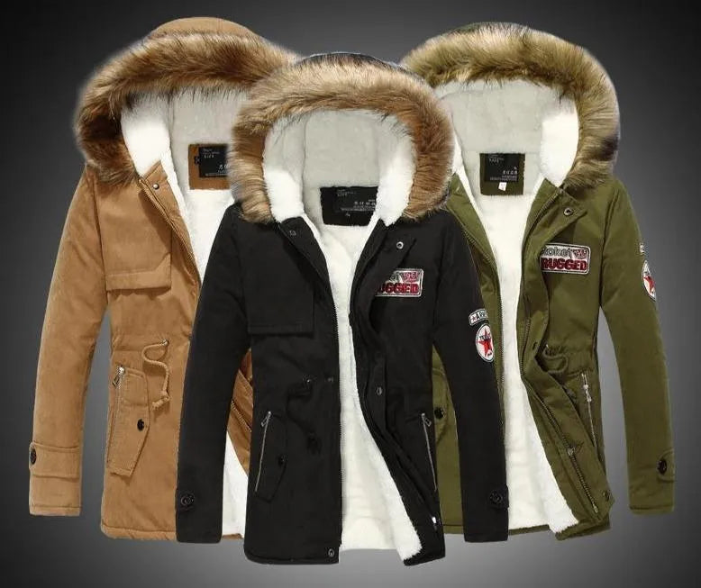 Men's thick padded winter parka with long fur collar in army green, fleece lined hooded cotton coat