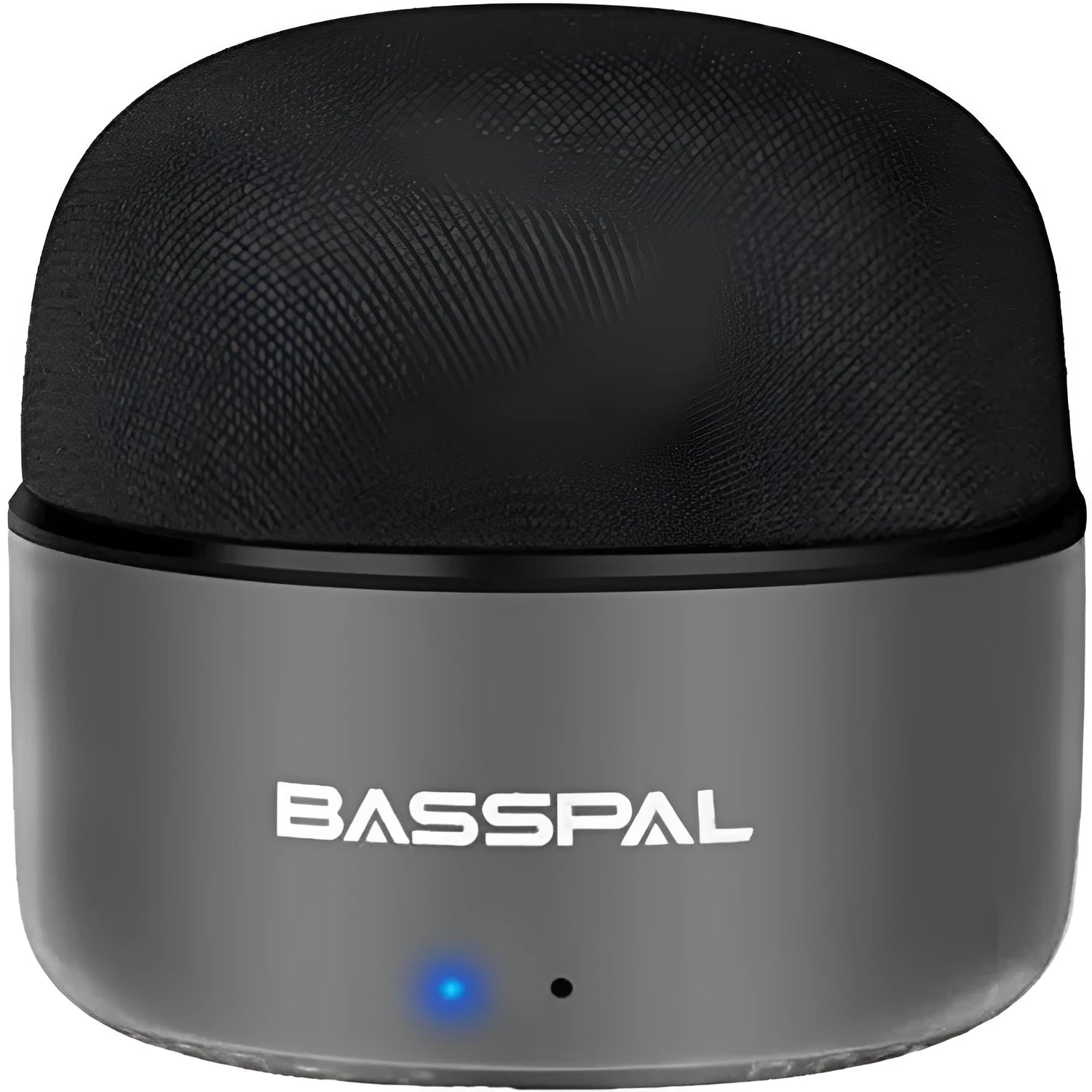 Black mini waterproof portable Bluetooth speaker with control buttons.