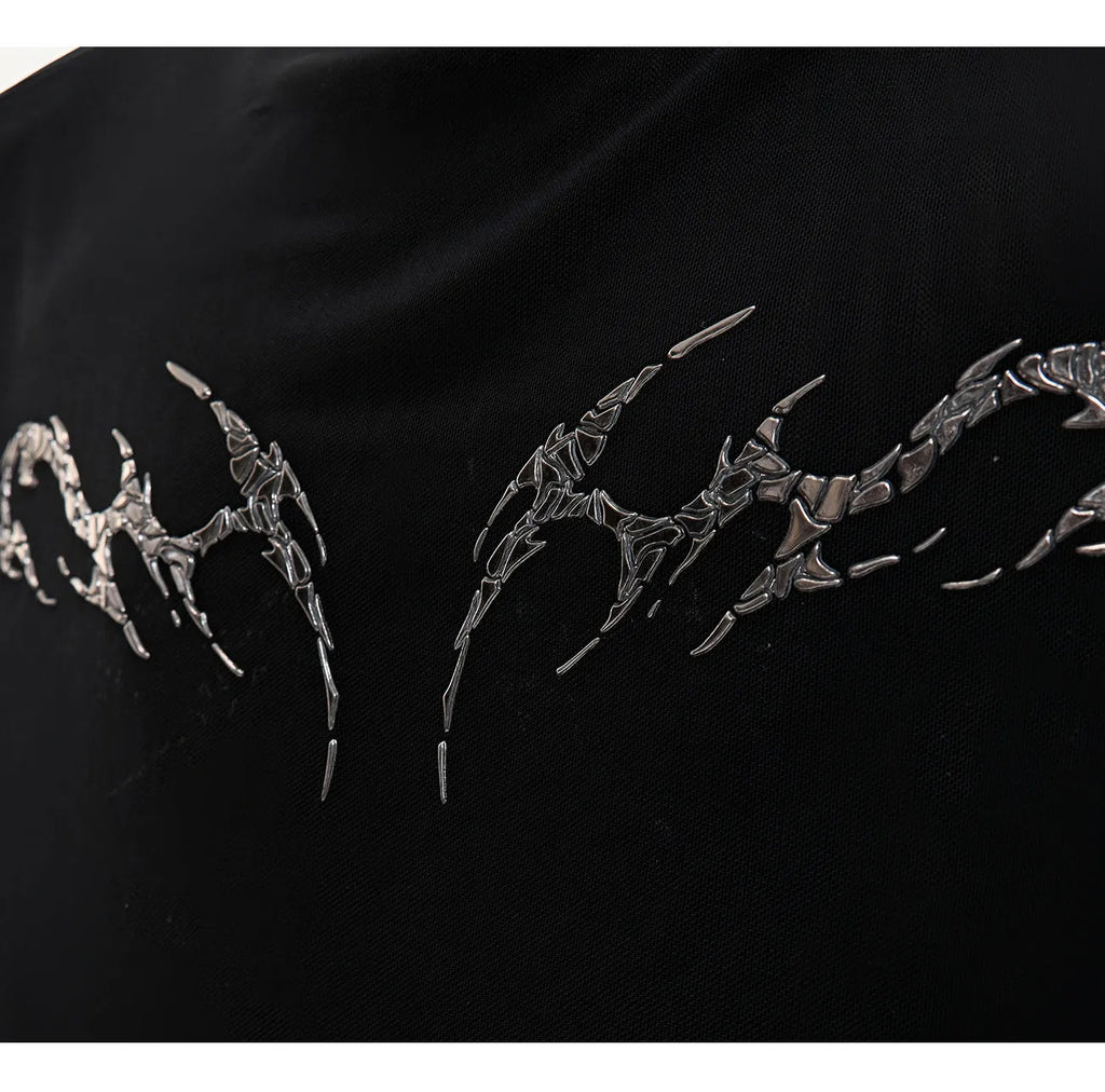 Black mesh slim-fit long sleeve bottoming shirt on a hanger, showing its lightweight texture and close cut.