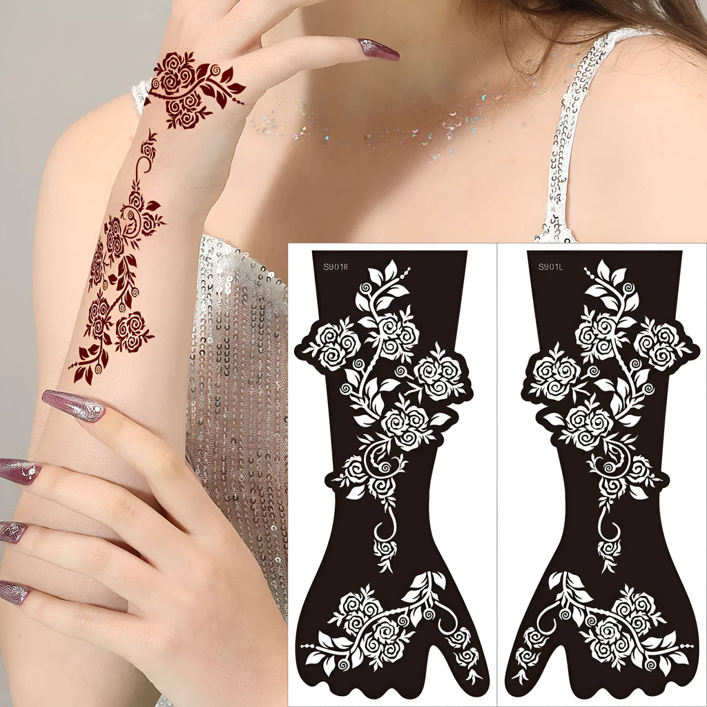 Geometric hollow template tattoo stickers showing intricate cut-out patterns for temporary body art application