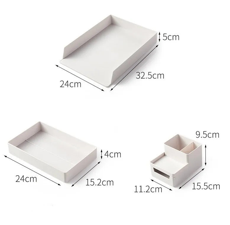 White PP plastic A4 document storage file box holder with three size options on a plain background