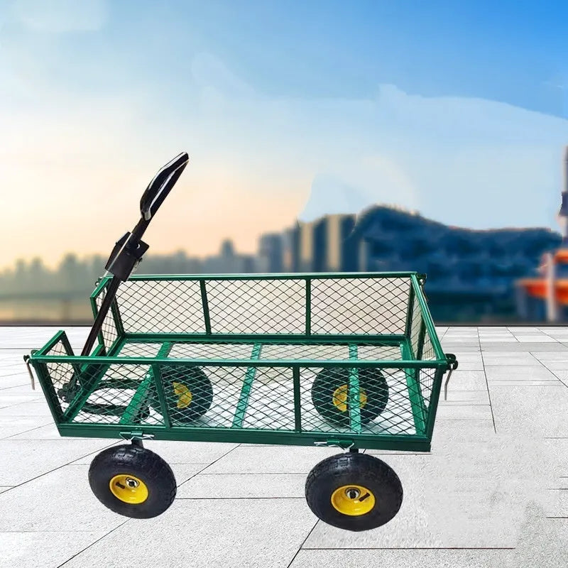 Green four-wheel hand push net car with iron frame and rubber terrain wheels