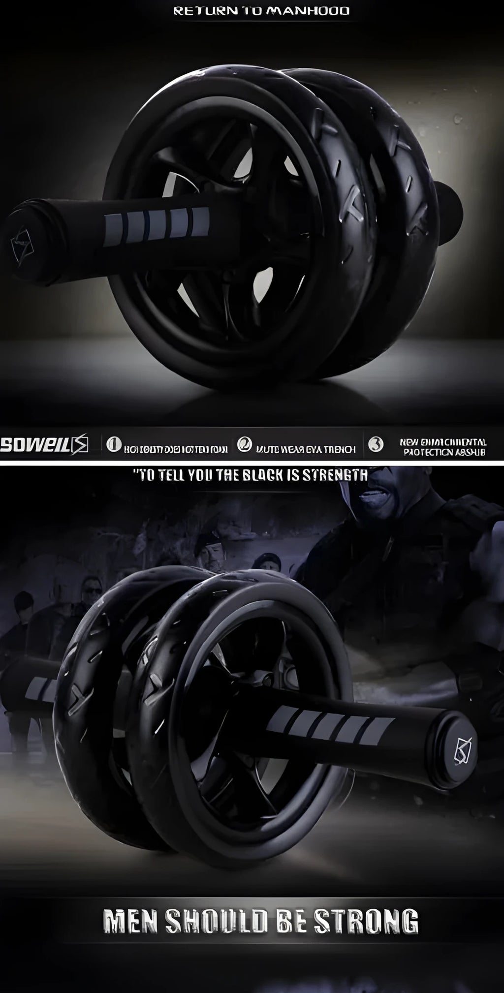 Dual wheel abdominal roller with mat, 30cm x 15cm, black or blue, non-slip handles, 400g