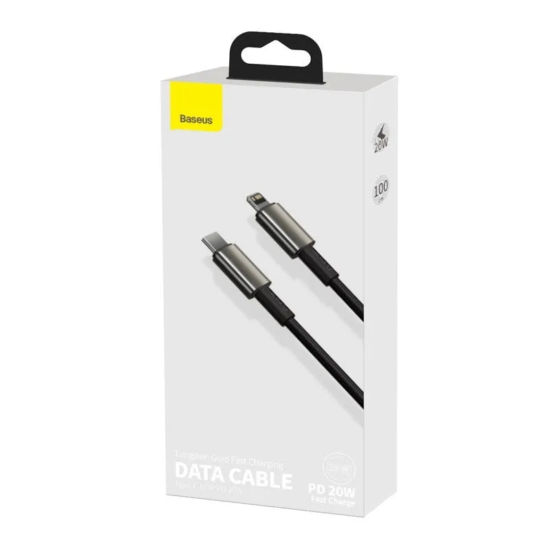 Baseus PD 20W fast charging data cable, black zinc alloy and nylon braided, 1m or 2m, Type C to IP