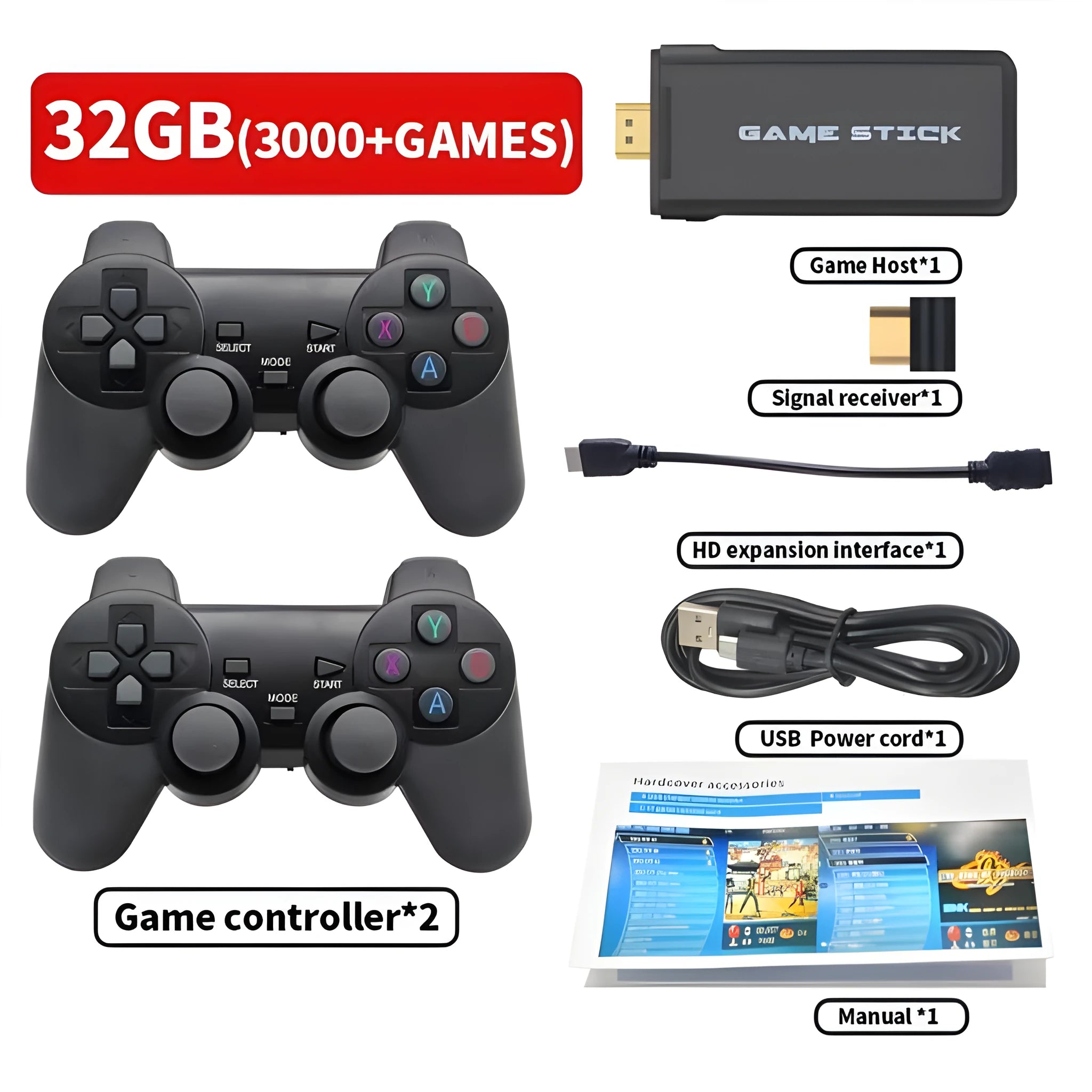 Y2HDMAX 2.4G wireless game console with two controllers and built-in TF card showing game selection screen