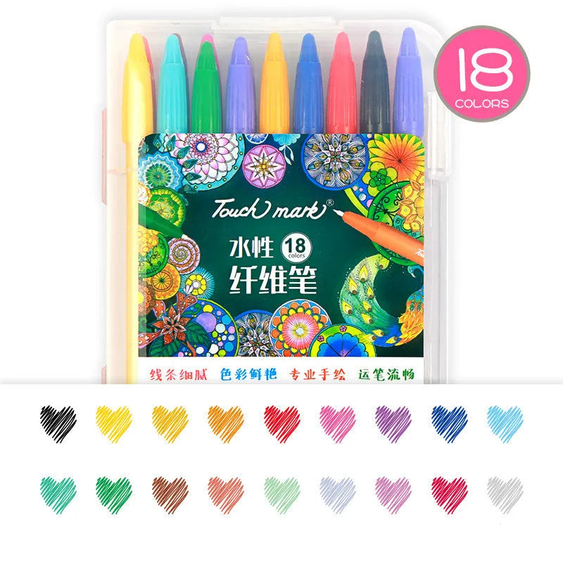 Set of Touch Mark water-based fibre pens in multiple colours with caps, arranged by a notepad.