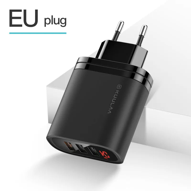 3 hole USB fast charge travel charger with LED indicator in black, showing EU plug attached