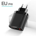 3 hole USB fast charge travel charger with LED indicator in black, showing EU plug attached