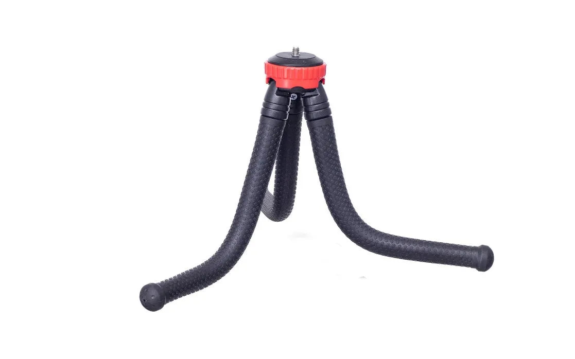 Black rubber octopus tripod with flexible legs and spherical gimbal head for mobile phones and cameras