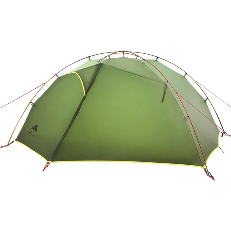Green camouflage double layer camping tent with two room one hall layout set up outdoors