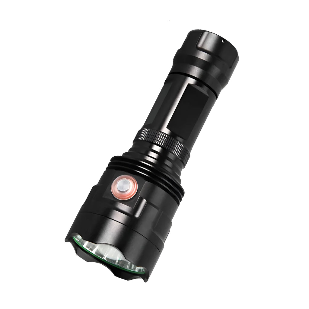 Black aluminium alloy XHP90 LED tactical flashlight showing dimensions and switch.