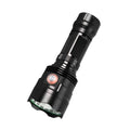 Black aluminium alloy XHP90 LED tactical flashlight showing dimensions and switch.