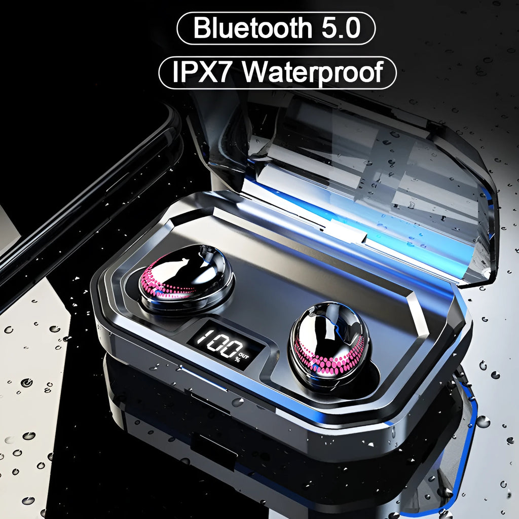Black X10 true wireless Bluetooth earbuds and charging case on a surface.