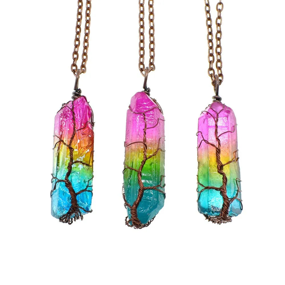 Tree of Life crystal pillar pendant necklace with O-chain and extension, available in rainbow colour