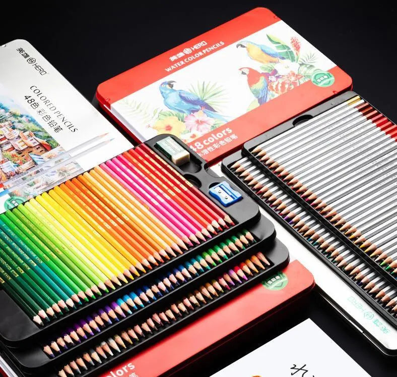 Water-soluble oil-based colour pencil drawing set in tin box with 36 colours displayed