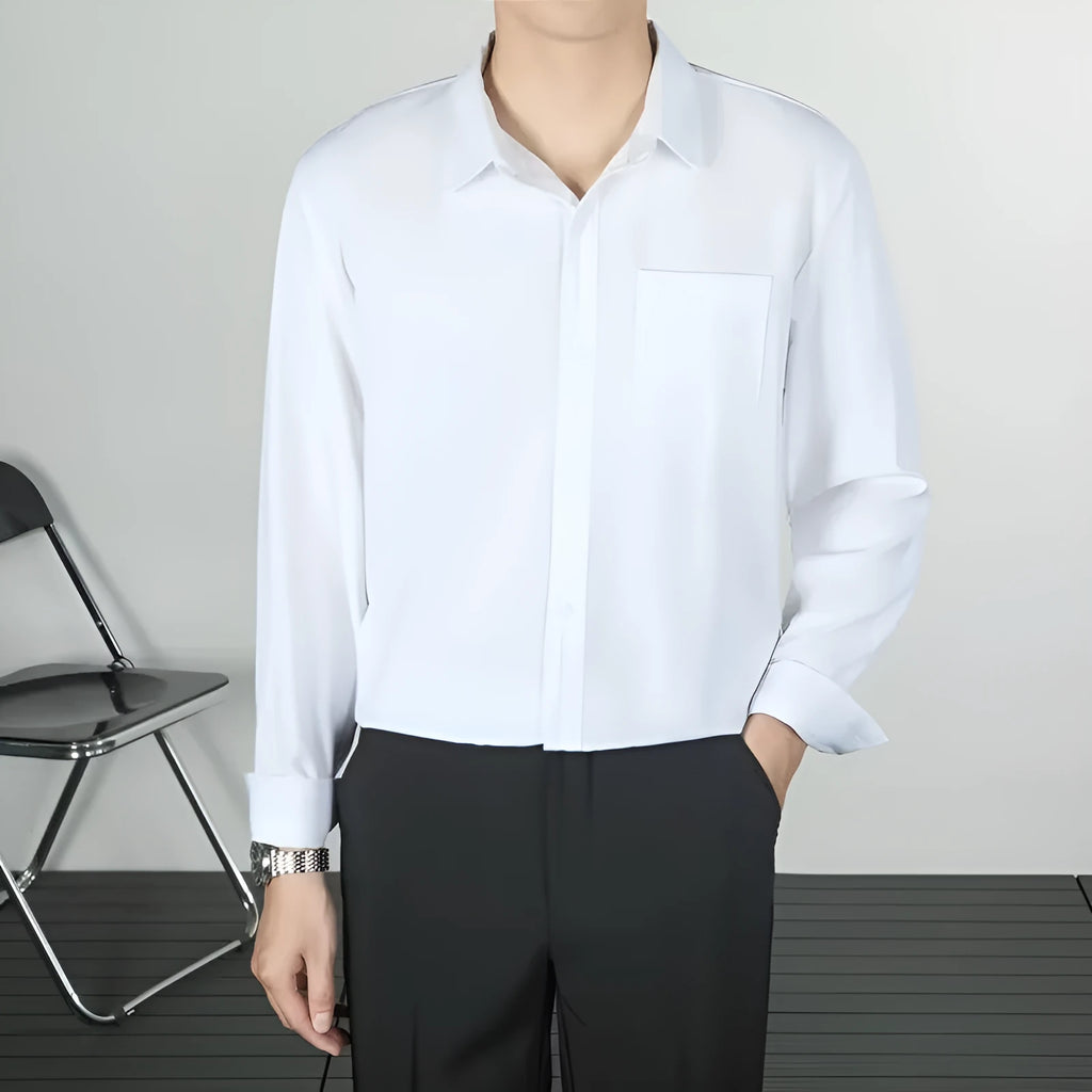 Korean-style loose fit men's long-sleeved shirt in linen and silk blend, solid colour, sizes S to 4XL