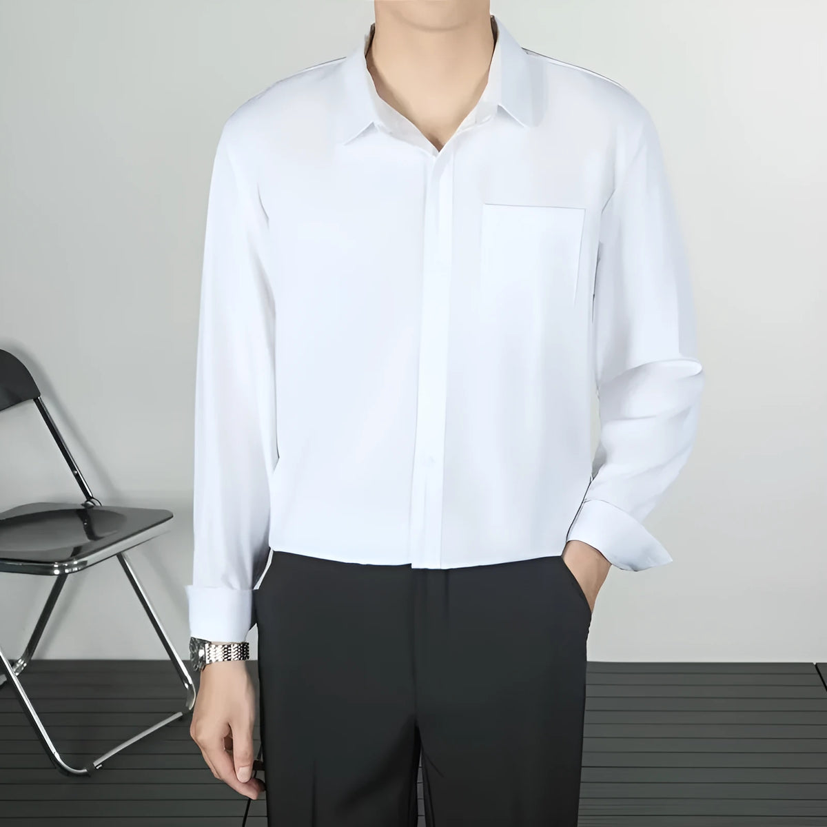 Korean-style loose fit men's long-sleeved shirt in linen and silk blend, solid colour, sizes S to 4XL