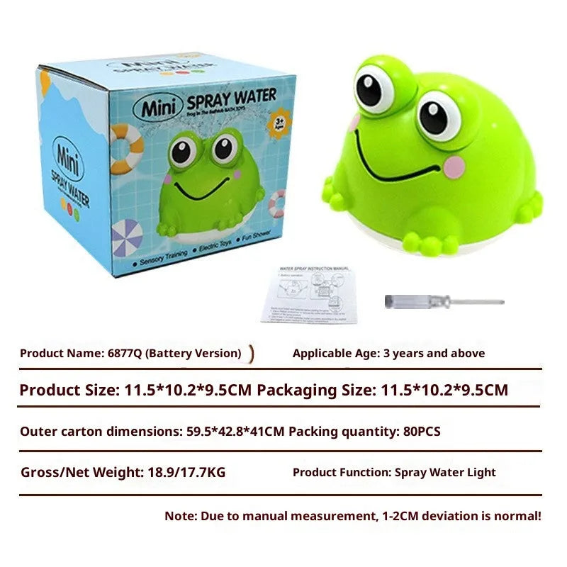 Water spray frog bathroom toy with electric lamplight and rotating shower head, plastic, 12.2 by 13 cm