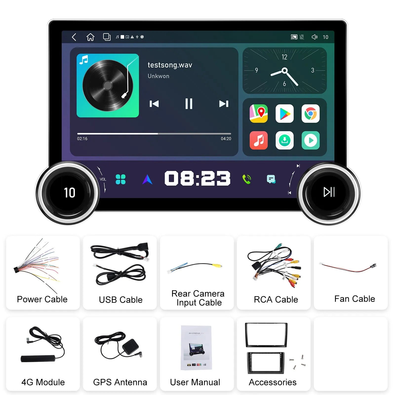 11.8-inch Android car stereo with dual knobs and QLED touchscreen showing navigation interface