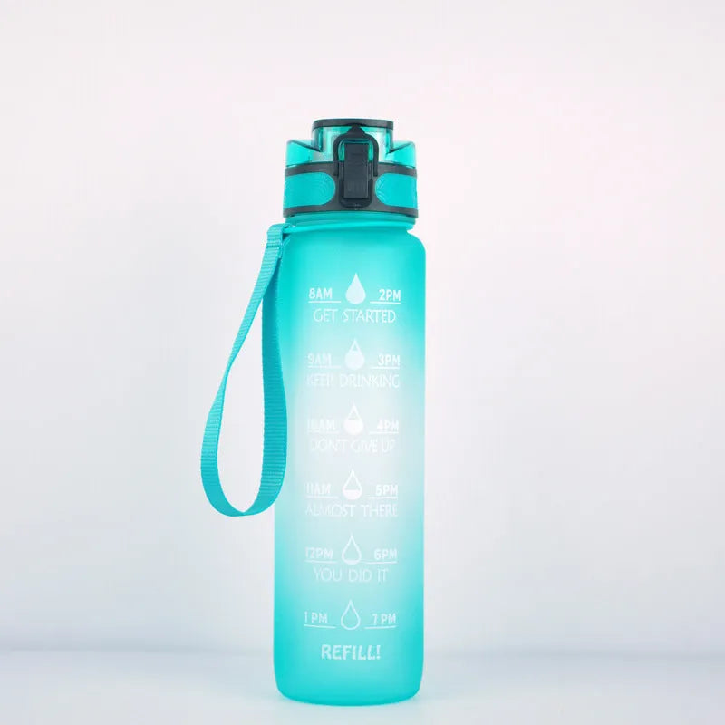 Transparent 1000ml sports water bottle with fruit infuser showing BPA-free Tritan construction