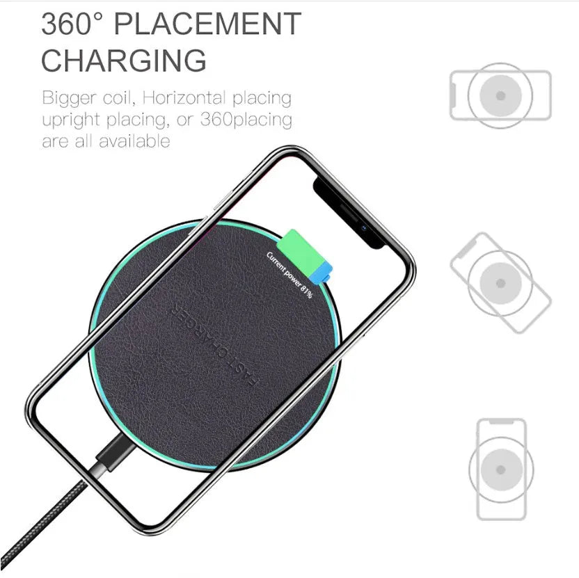 Black circular Qi wireless charger for iPhone 11 with non-slip base