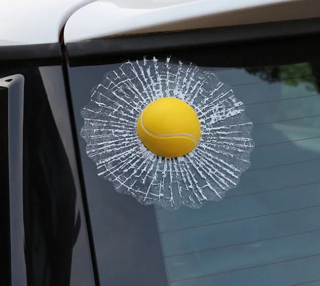 Set of 6 3D stereo car decals with basketball, football, tennis, baseball, and soccer ball designs on glass surface