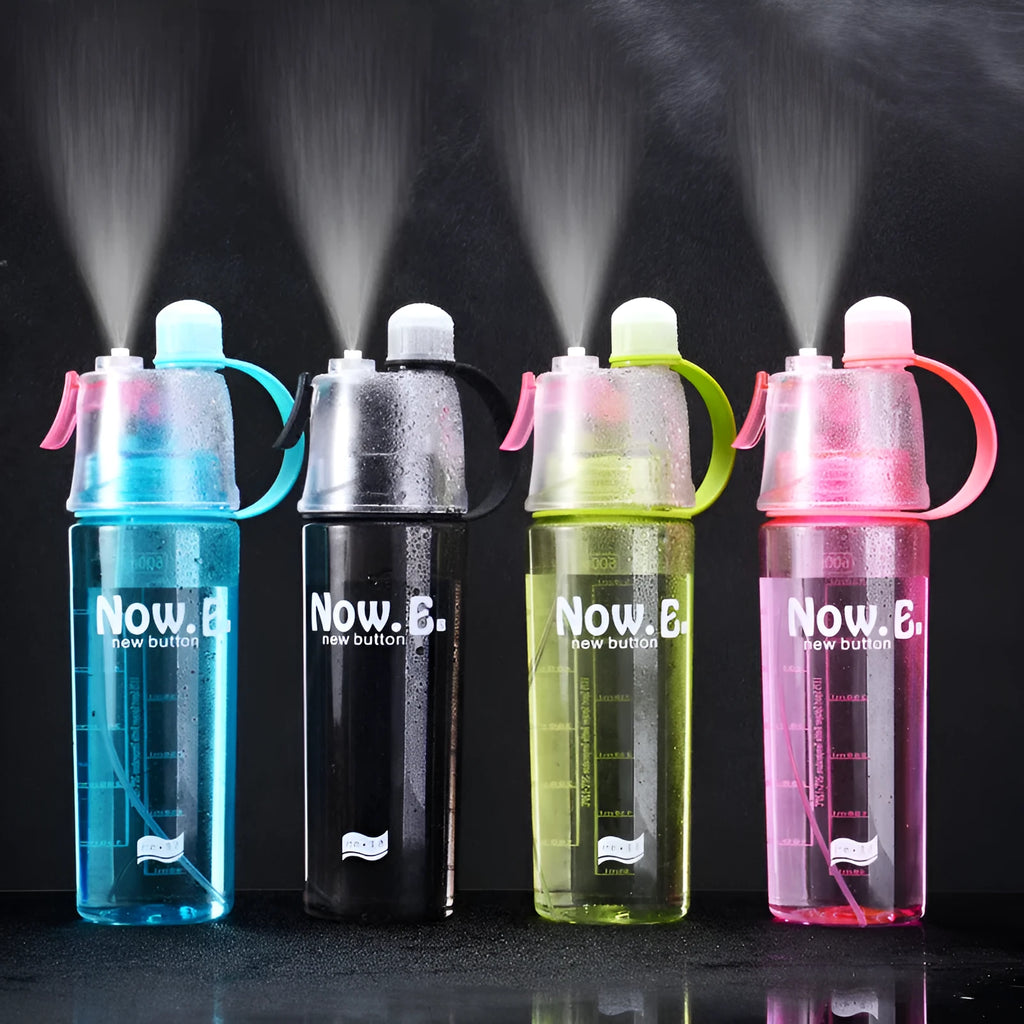 Green portable sports mist spray cup with handle, leakproof lid, and visible scale, shown next to a black version.