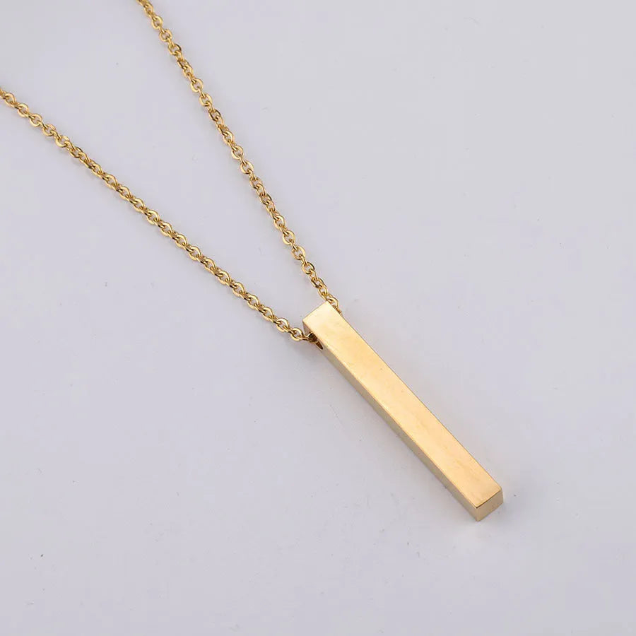 3D engraved bar necklace on adjustable stainless steel link chain in gold colour plated finish