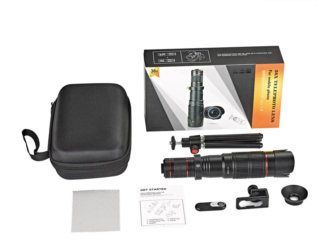 Black 36x telephoto mobile phone telescope with universal clip for smartphone attachment