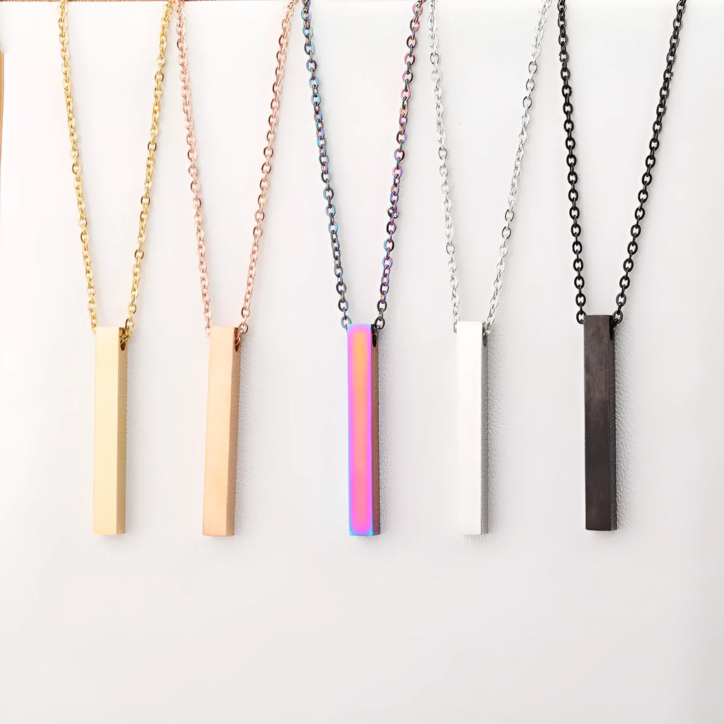 3D engraved bar necklace on adjustable stainless steel link chain in gold colour plated finish
