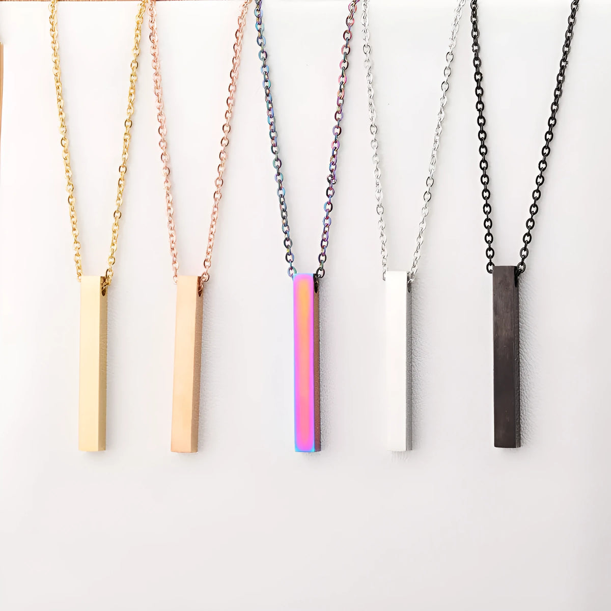 3D engraved bar necklace on adjustable stainless steel link chain in gold colour plated finish