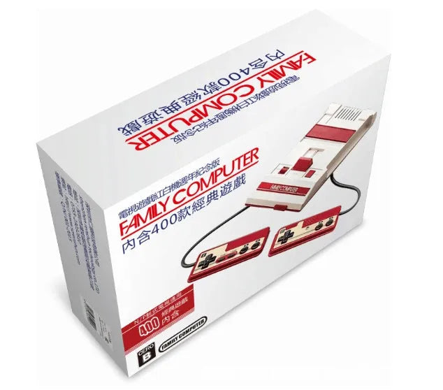 Mini FC game console in red and white with wired controllers and AV cable for TV play
