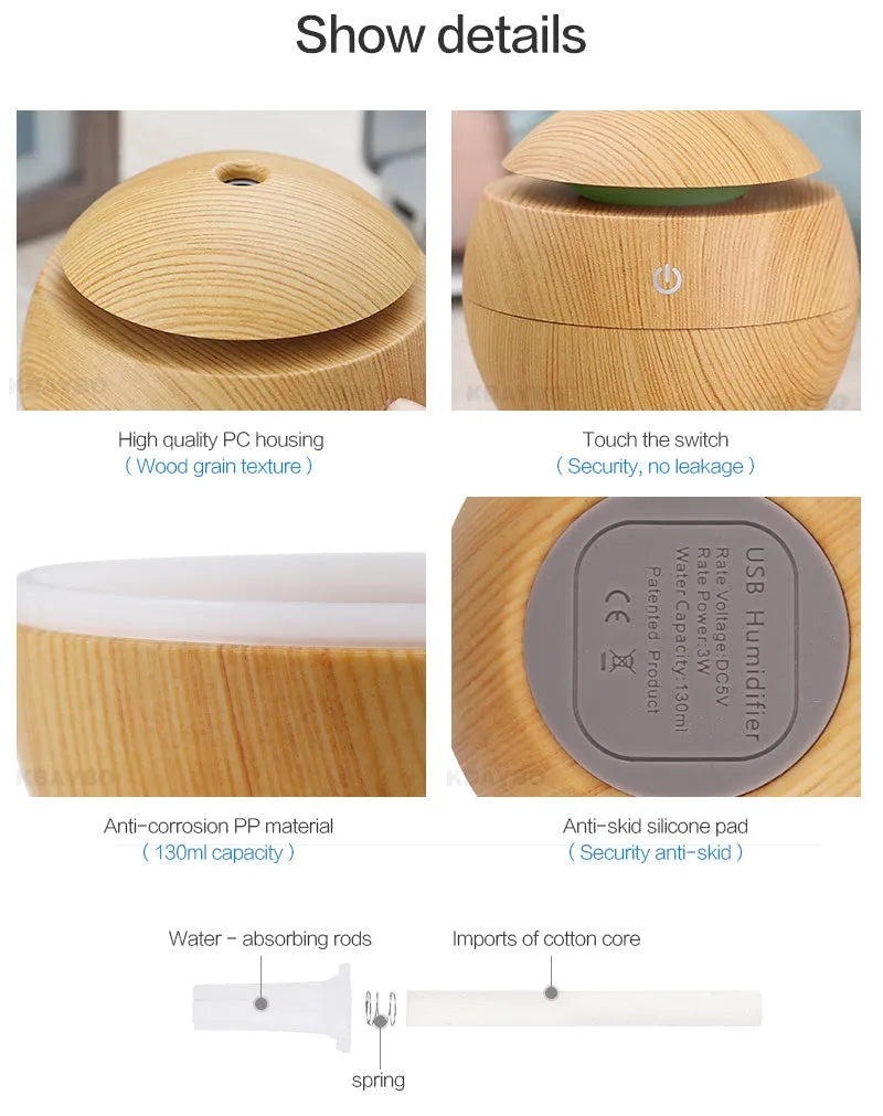USB ultrasonic aroma essential oil diffuser humidifier 130ml light wood colour with blue LED night light