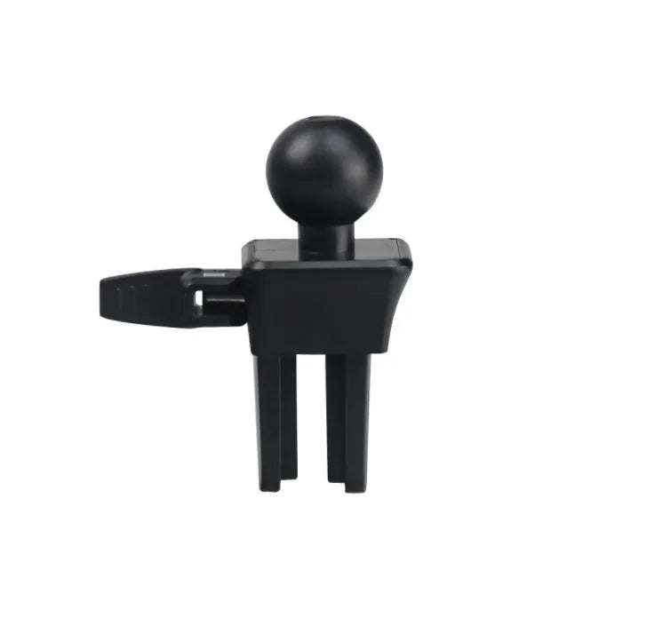 Black plastic car phone holder mounted on air conditioning outlet holding smartphone