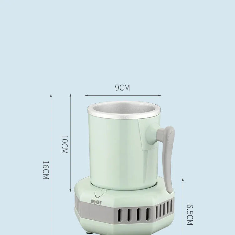 White quick-cooling aluminium cup on its electronic base station with power adapter