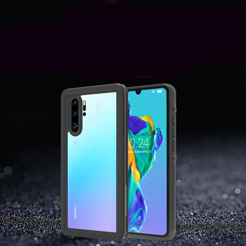 Huawei P30 series anti-drop phone case in black with wave point pattern, showing front and back views