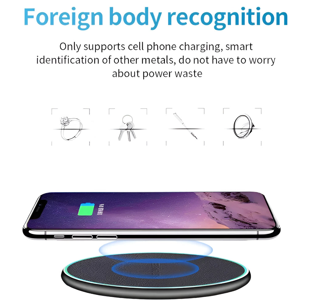 Black circular Qi wireless charger for iPhone 11 with non-slip base