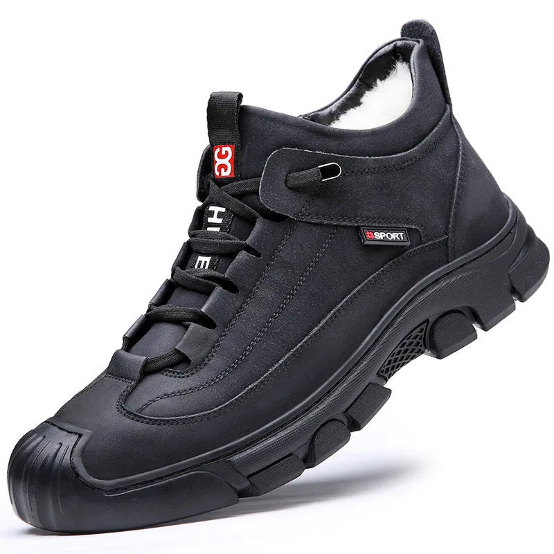 Men's winter snow boots with cowhide upper, wool cashmere lining, non-slip rubber sole, chunky heel, black plus velvet colour