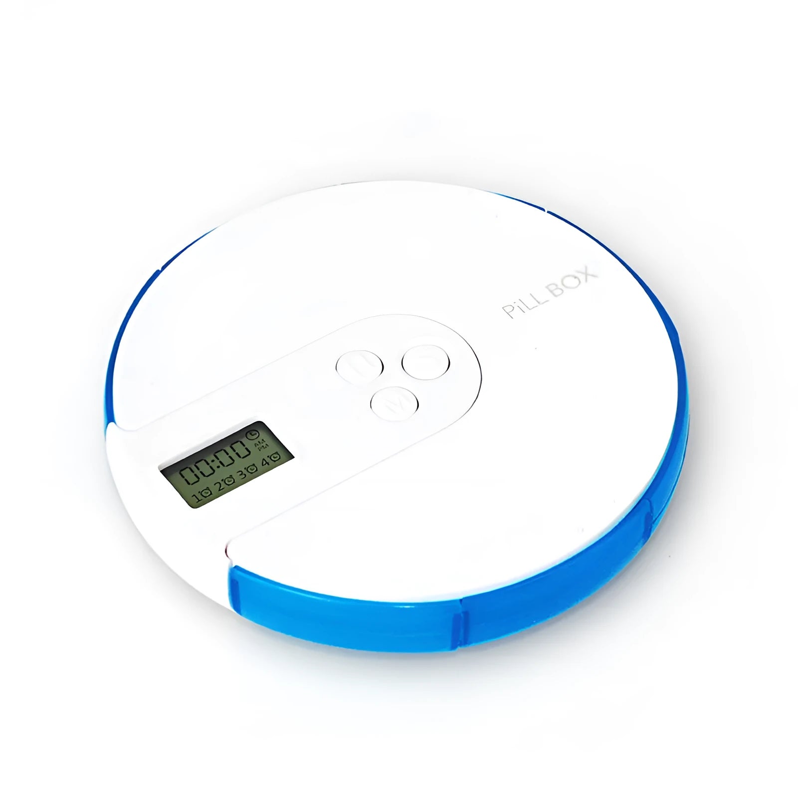 Blue seven-day electronic pill organiser with digital clock display and separate daily compartments.