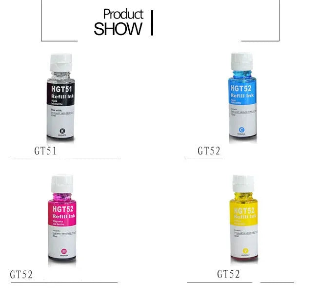 HP GT51 black and GT52 cyan magenta yellow ink bottles for Smart Tank printers