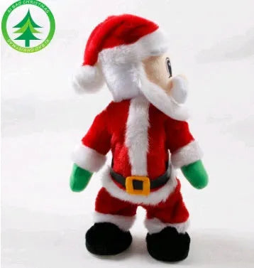 Red cloth electric Santa toy with hip-shaking motion and music, 46 cm tall, in gift box packaging