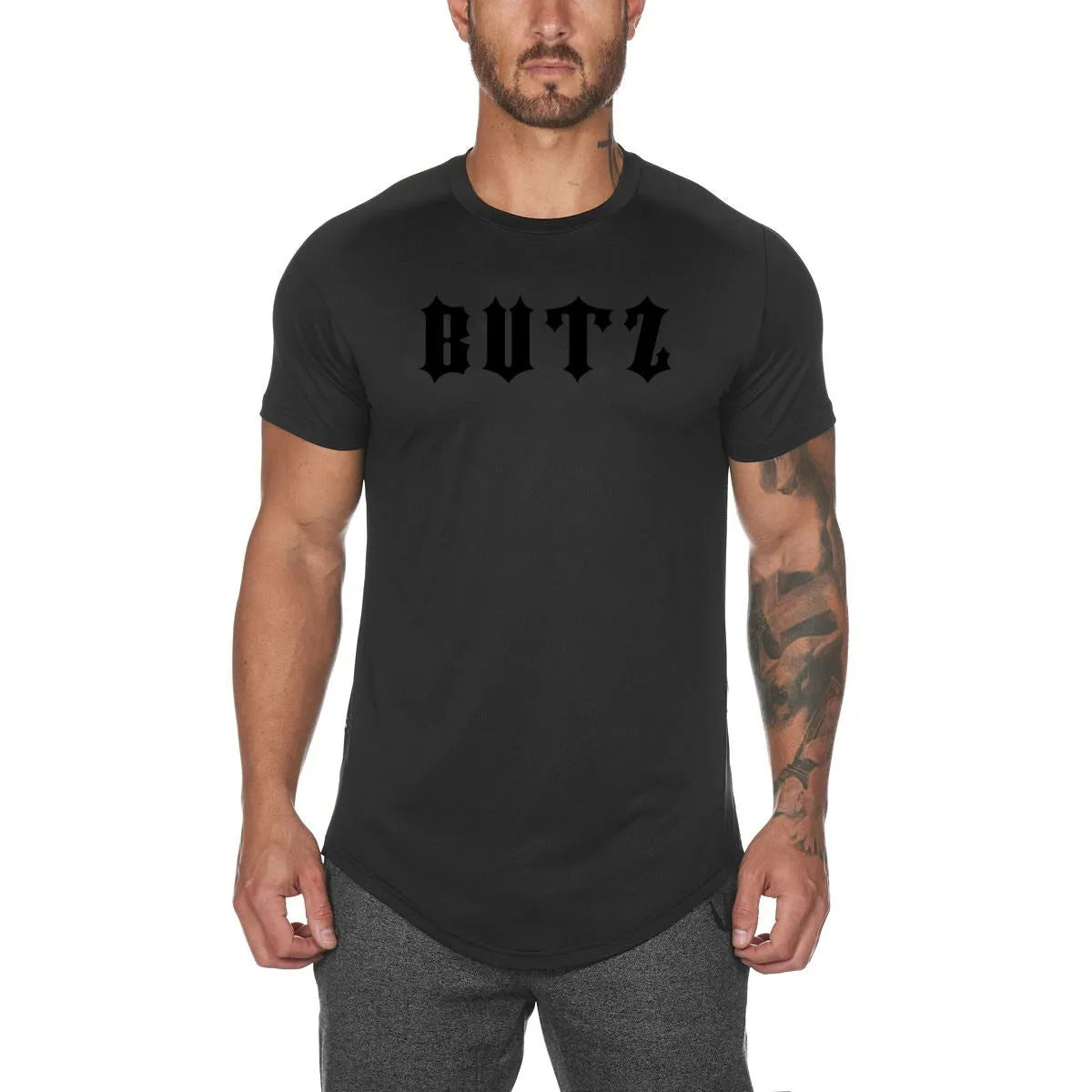 Men's plain gym shirt in cotton-spandex blend fabric showing colour options including army green, black, and white