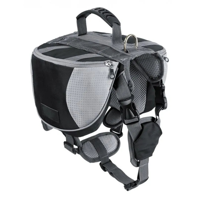 Dog hiking pack in black with adjustable neck straps, breathable mesh, and reflective tape for outdoor use