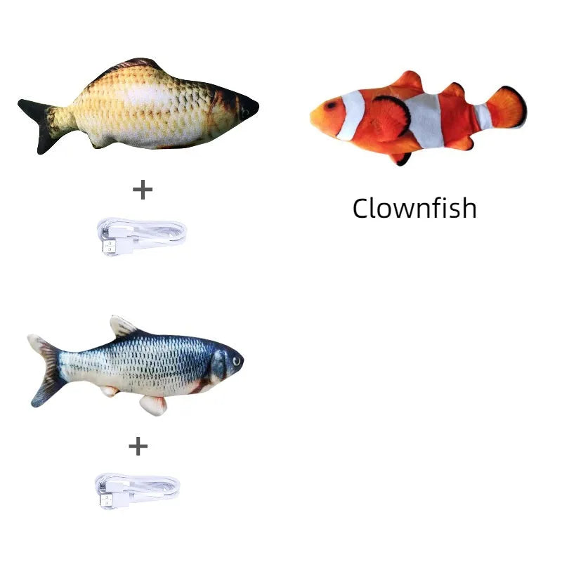 Electronic jumping fish cat toy measuring 30cm with multicolor PP design and USB cable